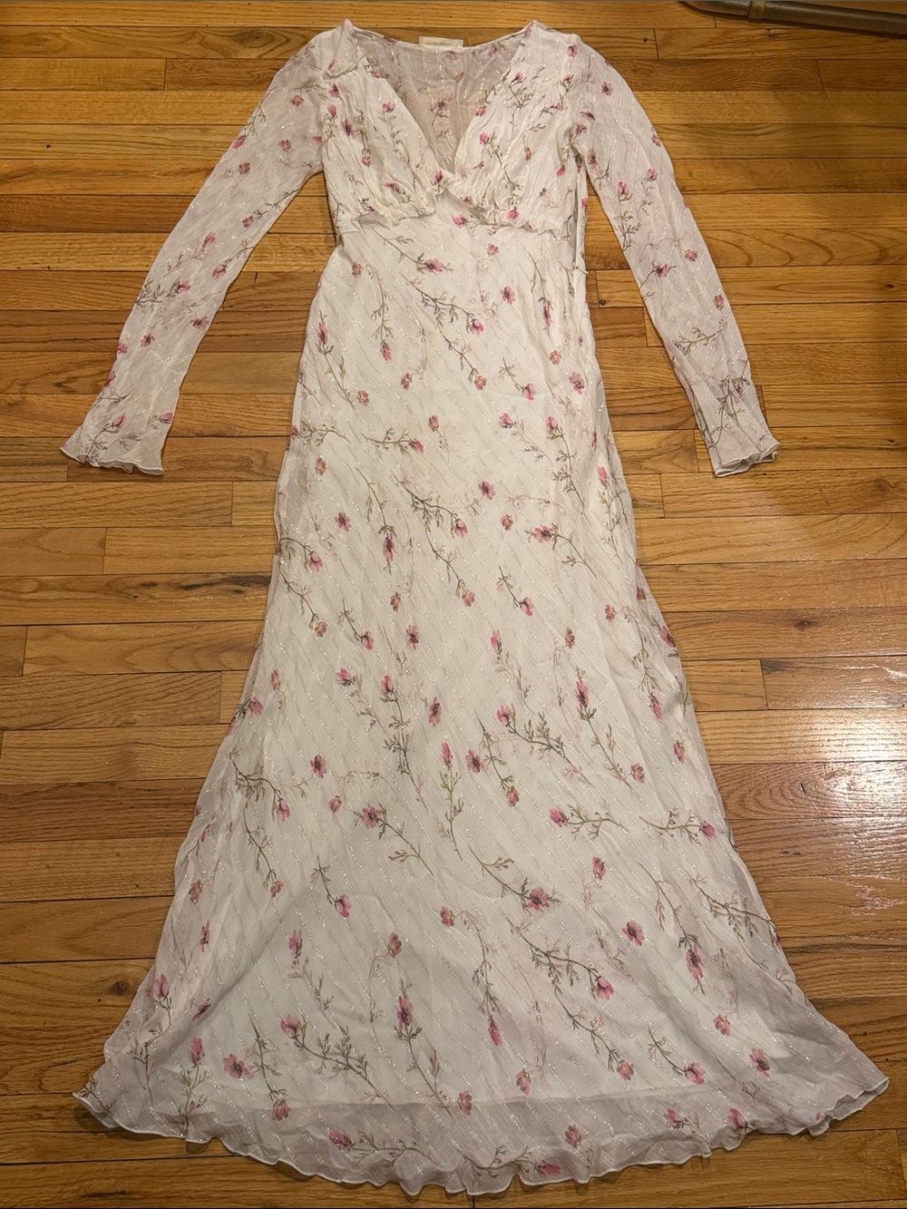 LoveShackFancy Cream Floral Long-Sleeve Maxi Dress with Pink Blossoms